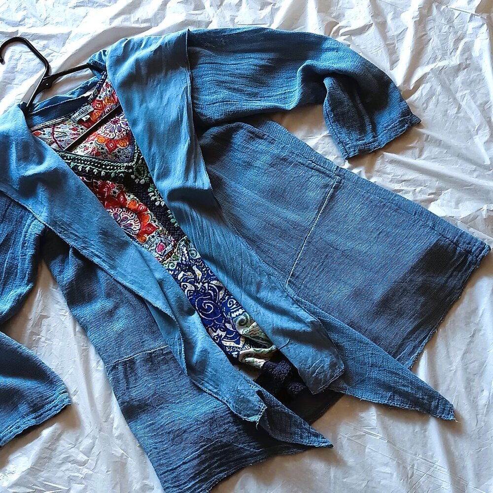 SEMI-MESH COTTON BLEND HOODED COVER-UP& COLORFUL COORDINATING MACRAME SUN TOP, S - Picture 2 of 6